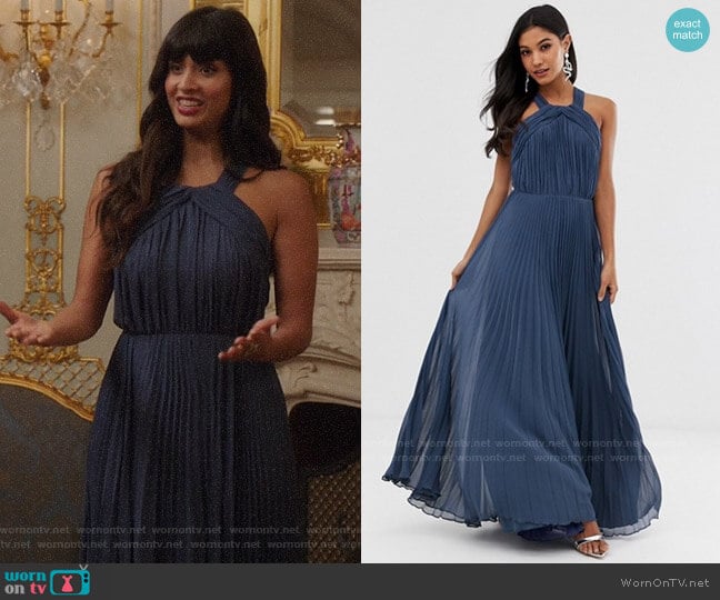 Tahani’s blue pleated gown on The Good Place