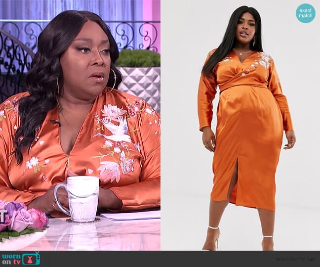 Batwing Midi Dress in Satin with Embroidery by ASOS worn by Loni Love on The Real