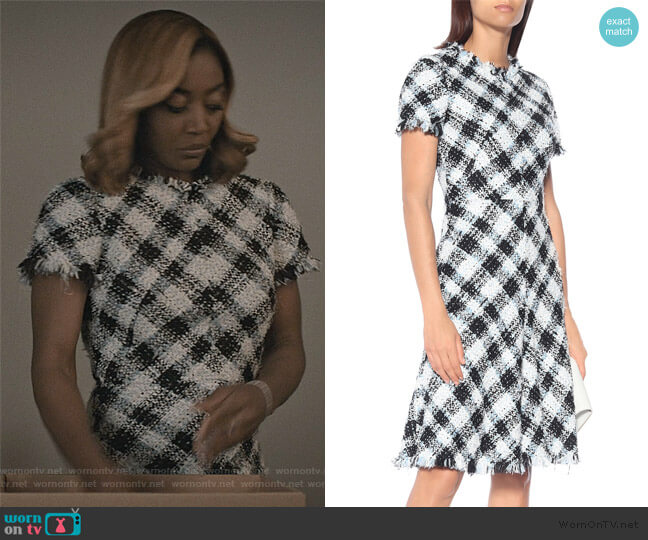 Checked tweed dress by Alexander McQueen worn by Daisy Grant (Patina Miller) on Madam Secretary