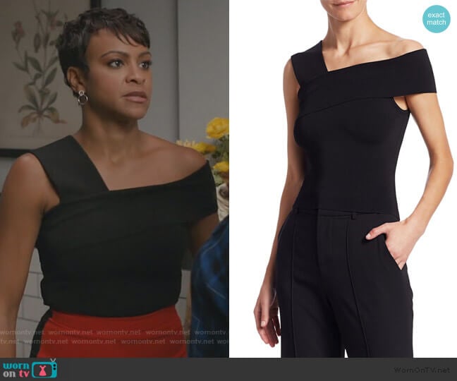 Arletta One-Shoulder Cropped Sweater by Alice + Olivia worn by Angela (Carly Hughes
) on American Housewife