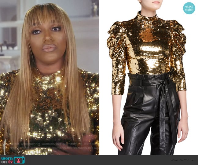 Brenna Sequin Puff-Sleeve Crop Top by Alice + Olivia worn by Nene Leakes on The Real Housewives of Atlanta