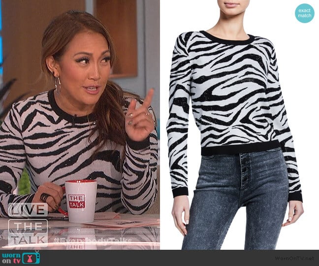 Connie Embellished Zebra Stripe Sweater by Alice + Olivia worn by Carrie Inaba on The Talk