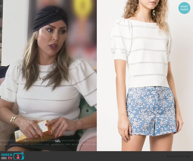 Lavona lace insert top by Alice + Olivia worn by Kelly Dodd on The Real Housewives of Orange County