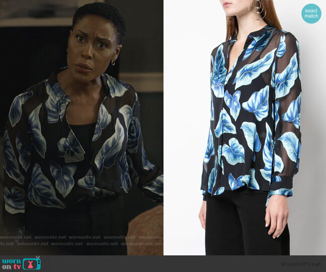 Leaf print sheer shirt by Alice + Olivia worn by Lynn Stewart (Christine Adams) on Black Lightning