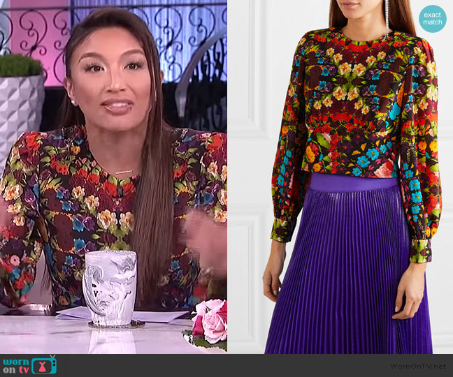 Willa Floral Pleated Placket Silk Blouse by Alice + Olivia worn by Jeannie Mai on The Real