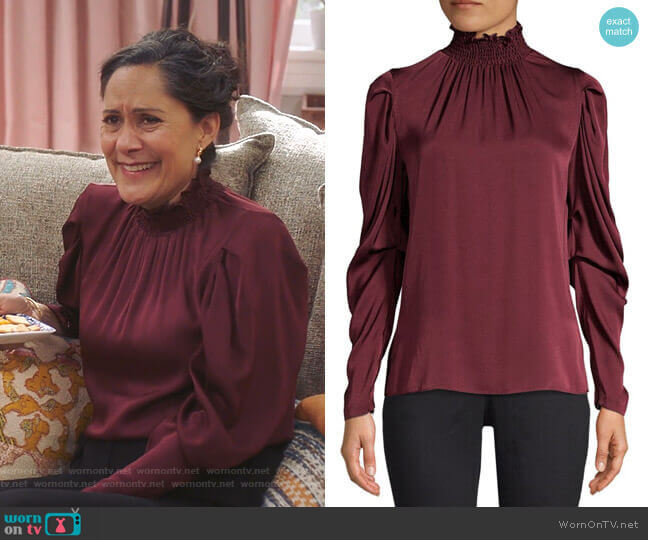 Alisha’s burgundy smocked neck blouse on Sunnyside