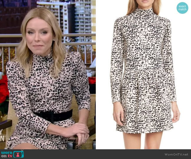 Animal Print Long Sleeve Mock Neck Jersey Dress by Rebecca Taylor worn by Kelly Ripa on Live with Kelly and Mark