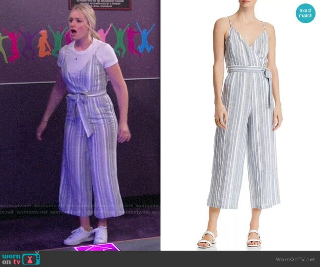 Aqua Striped Cropped Wide-Leg Jumpsuit worn by Gemma (Beth Behrs) on The Neighborhood