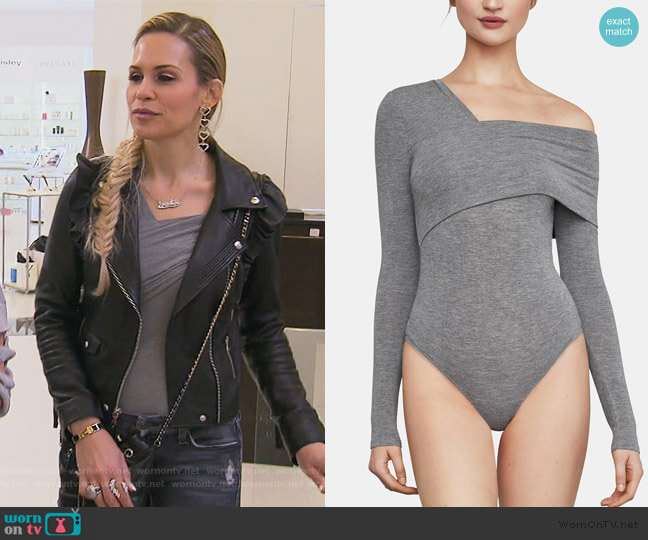 WornOnTV Jackie s leather moto jacket and gray bodysuit on The