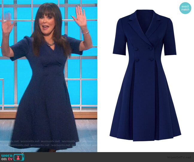 Blue Flare Suit Dress by Badgley Mischka worn by Marie Osmond on The Talk