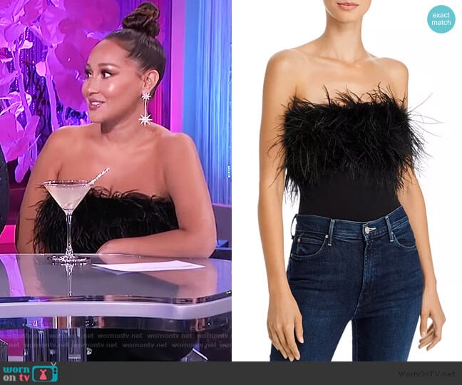 Feather-Trim Strapless Bodysuit by Bardot worn by Adrienne Houghton on The Real