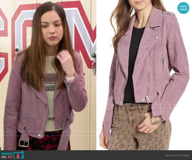 Blank NYC Lilac Suede Moto Jacket  worn by Nini (Olivia Rodrigo) on High School Musical The Musical The Series