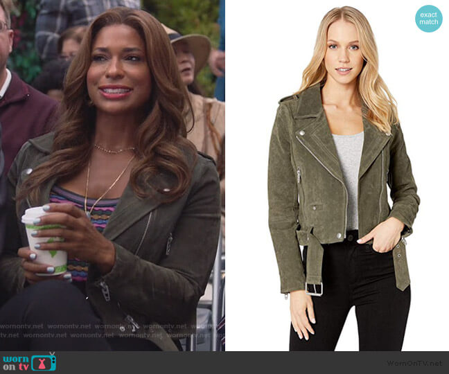 Suede Moto Jacket in Herb by Blank NYC worn by Poppy (Kimrie Lewis) on Single Parents