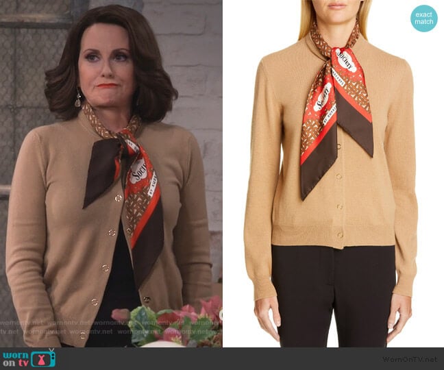 Scarf Neck Cashmere Cardigan by Burberry worn by Karen Walker (Megan Mullally) on Will & Grace