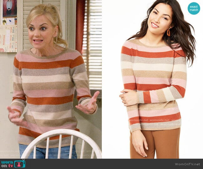 Charter Club Striped Cashmere Sweater in Heather Camel Combo worn by Christy Plunkett (Anna Faris) on Mom