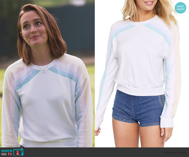 Malibu Striped-Sleeve Cropped Sweatshirt by Spiritual Gangster worn by Angie (Leighton Meester) on Single Parents