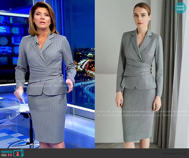 WornOnTV: Norah’s grey pinstripe blazer and skirt on CBS Evening News