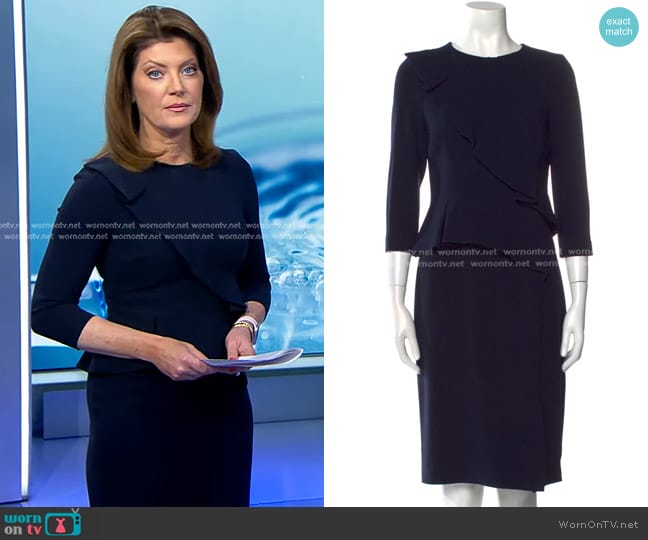 Teri Jon by Rickie Freeman  Crew Neck Midi Dress worn by Norah O'Donnell on CBS Evening News