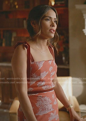 Cristal's red printed dress with velvet tie straps on Dynasty