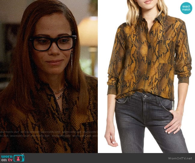 Current Elliott The Neal Shirt in Bronze Brown Python worn by Amanda Doherty (Victoria Cartagena) on Almost Family