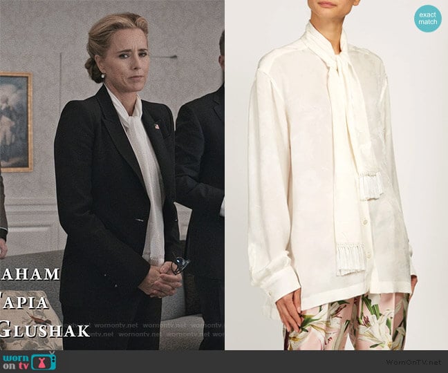 Pussy-bow rose-jacquard blouse by Dolce & Gabbana worn by Elizabeth McCord (Téa Leoni) on Madam Secretary