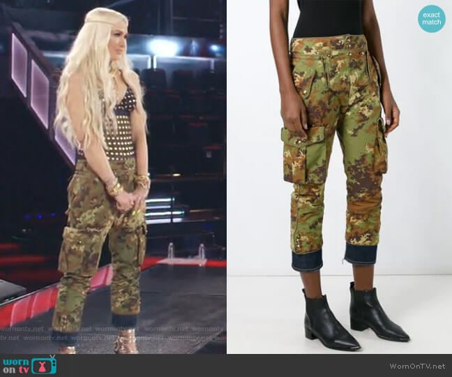 Livery Tenent Icon Cropped Camouflage Trousers by Dsquared2 worn by Gwen Stefani on The Voice