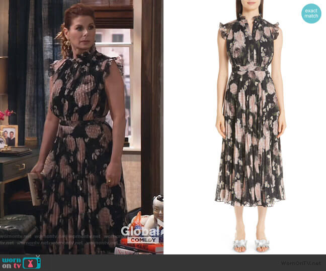 Floral Print Voile Midi Dress by Erdem worn by Grace Adler (Debra Messing) on Will and Grace