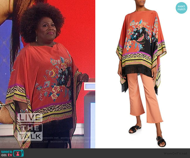 Fringed Floral Fern Collage Poncho by Etro worn by Sheryl Underwood on The Talk