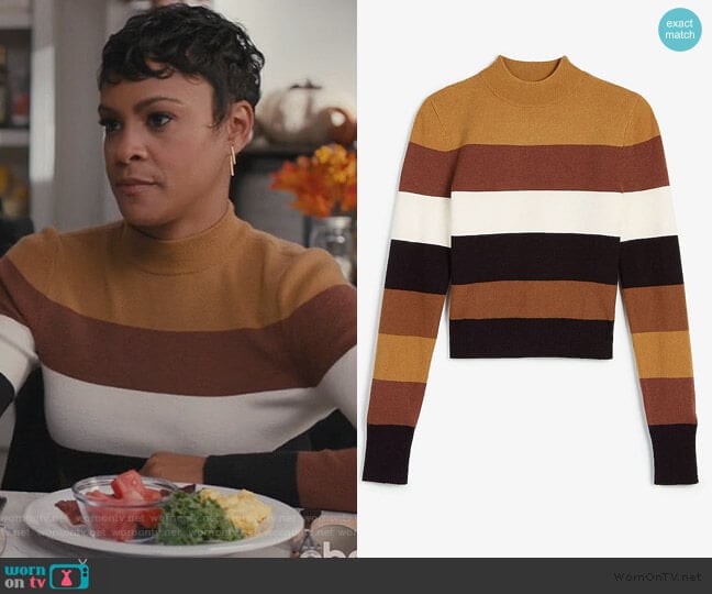 Negin Mirsalehi Striped Mock Neck Sweater by Express worn by Angela (Carly Hughes
) on American Housewife