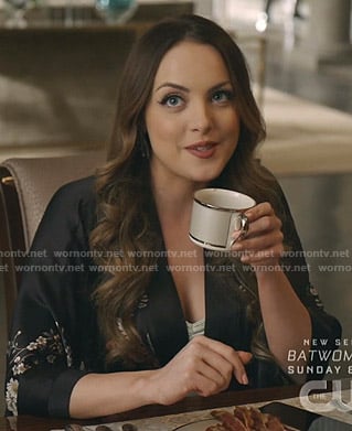 Fallon's black floral print robe on Dynasty