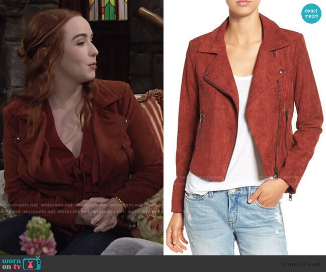 ASTR Faux Suede Moto Jacket in Rusted Tan worn by Mariah Copeland (Camryn Grimes) on The Young and the Restless