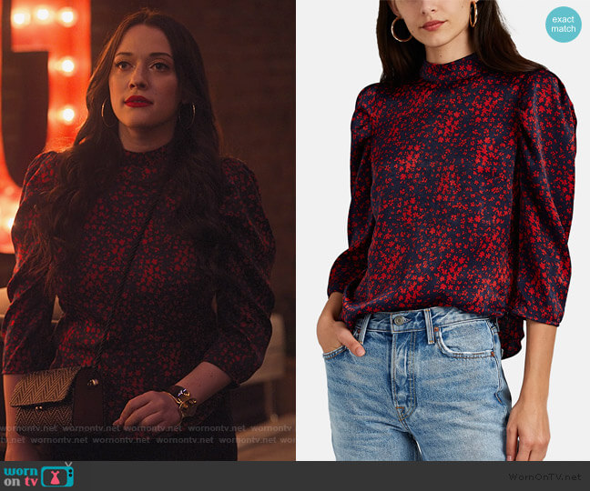 Floral Satin Puff-Shoulder Blouse by FiveSeventyFive worn by Jules Wiley (Kat Dennings) on Dollface