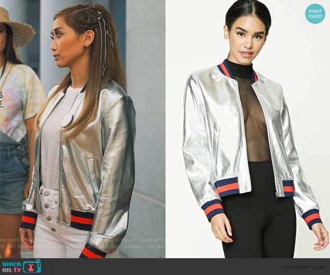 Metallic Bomber Jacket by Forever 21 worn by Izzy Levine (Esther Povitsky) on Dollface