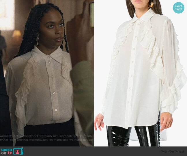 Ruffle Button Down Shirt by Givenchy worn by Anissa Pierce (Nafessa Williams) on Black Lightning