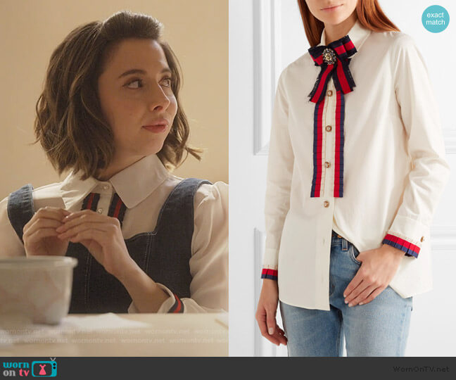 Embellished grosgrain-trimmed cotton-poplin shirt by Gucci worn by Izzy Levine (Esther Povitsky) on Dollface