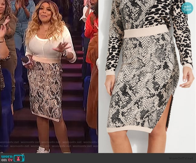 Tamelia Animal Print Midi Skirt by Guess worn by Wendy Williams on The Wendy Williams Show