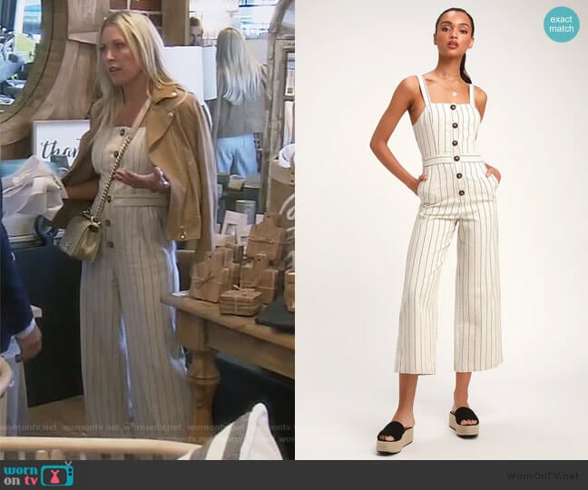 Conley Beige Striped Button-Up Culotte Jumpsuit by J.O.A worn by Braunwyn Windham-Burke  on The Real Housewives of Orange County