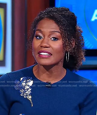 Janai’s blue bead embellished sweater on Good Morning America