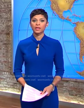 Jericka’s blue knotted neck dress on CBS This Morning