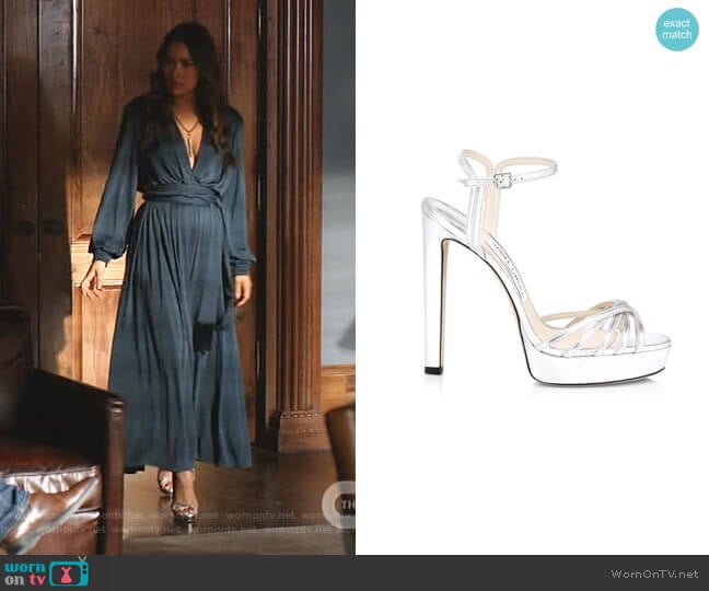 Lilah Platform Metallic Leather Sandals by Jimmy Choo worn by Cristal Jennings (Daniella Alonso) on Dynasty