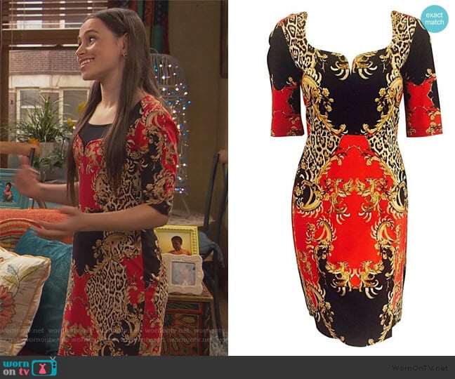 Baroque Leopard Print Short Sleeve Sheath by Just Cavalli worn by Tess O'Malley (Sky Katz) on Ravens Home