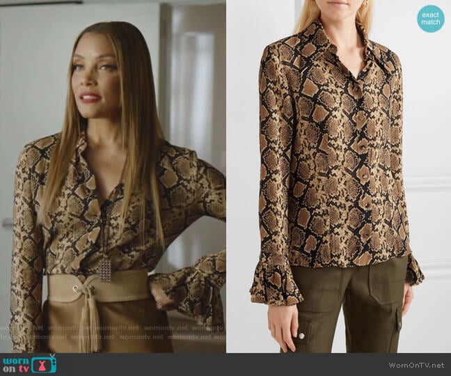 Snake-print crinkled silk-georgette blouse by Michael Kors worn by Dominique Deveraux (Michael Michele) on Dynasty