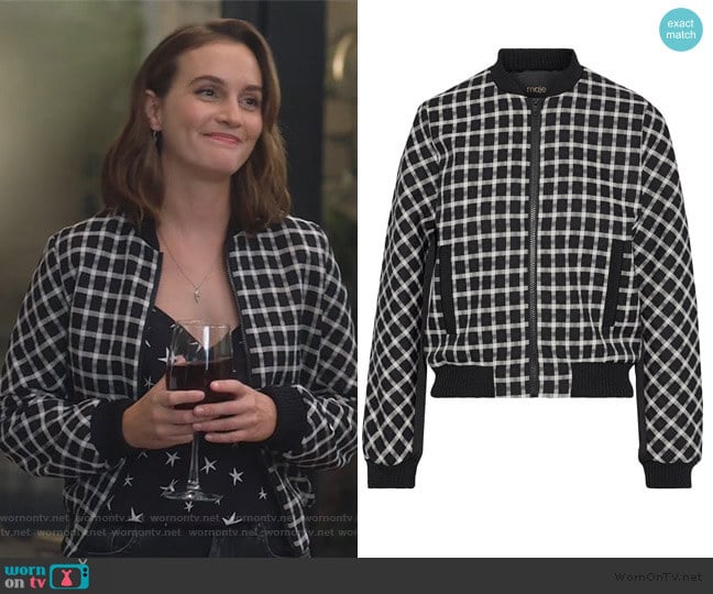 Barc checked jacquard bomber jacket by Maje worn by Angie (Leighton Meester) on Single Parents