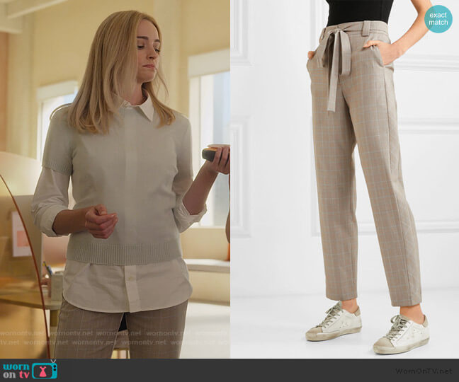 Belted checked woven tapered pants by Maje worn by Alison B (Brianne Howey) on Dollface