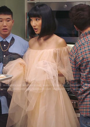 Mei’s beige off-shoulder tulle dress on Sunnyside