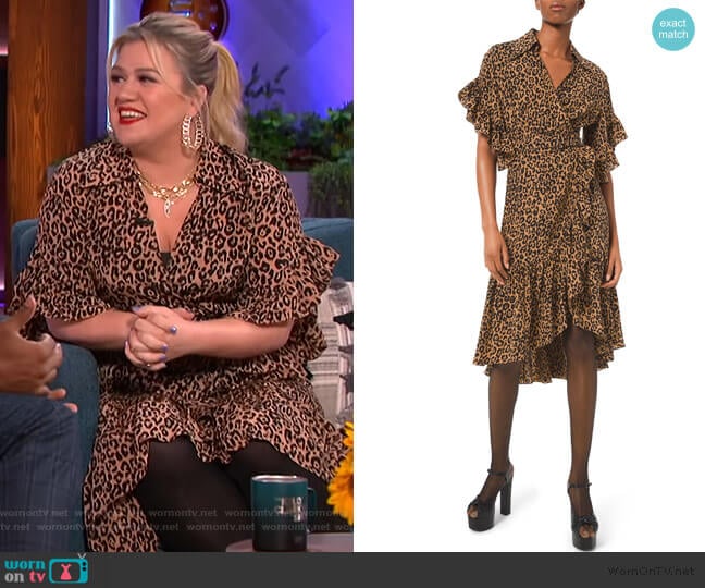 Wrap-effect leopard-print silk crepe de chine dress by Michael Kors Collection worn by Kelly Clarkson on The Kelly Clarkson Show