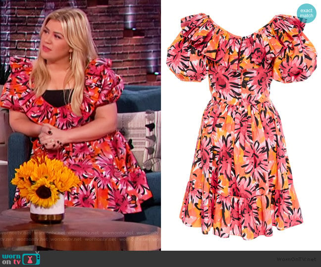 V-Neck Puff Sleeve Cotton Dress by Michael Kors worn by Kelly Clarkson on The Kelly Clarkson Show