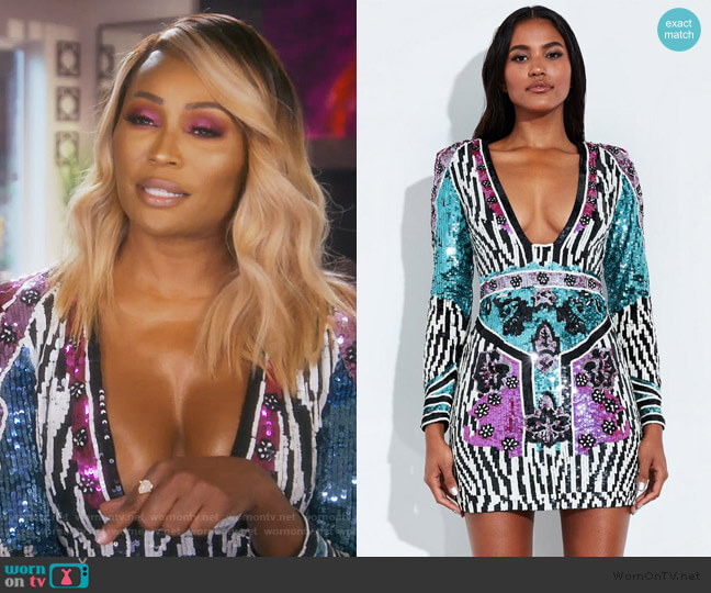 Print Embellished Mini Dress by Peace + Love worn by Cynthia Bailey  on The Real Housewives of Atlanta