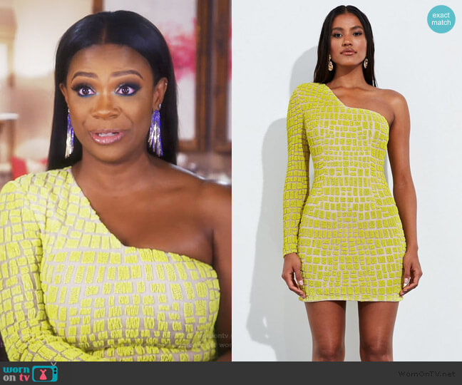 Yellow Bead Embellished One Shoulder Mini Dress by Peace + Love worn by Kandi Burruss  on The Real Housewives of Atlanta