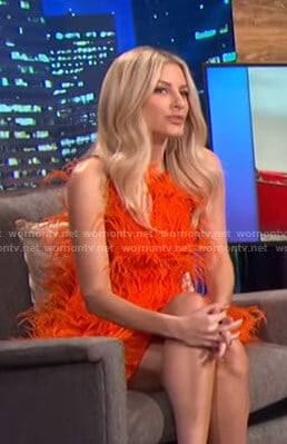 Morgan’s orange feather embellished mini dress on E! News Nightly Pop